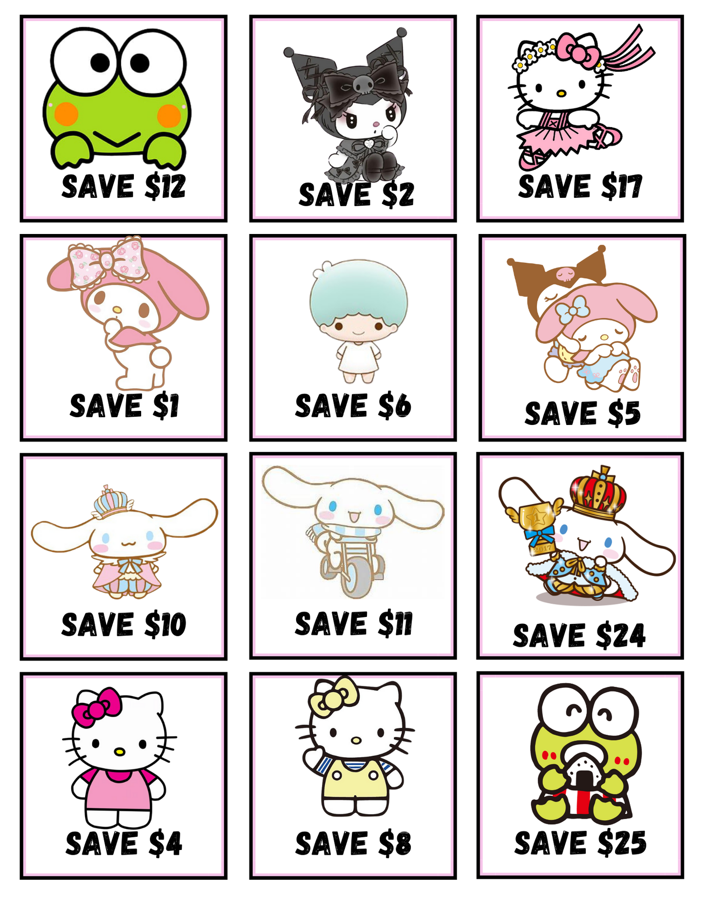 Sanrio Board and card print out